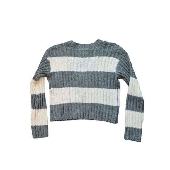SO Women's Sage Green & White Cotton/Acrylic Striped Sweater Ribbed Knit Button - Picture 6 of 9